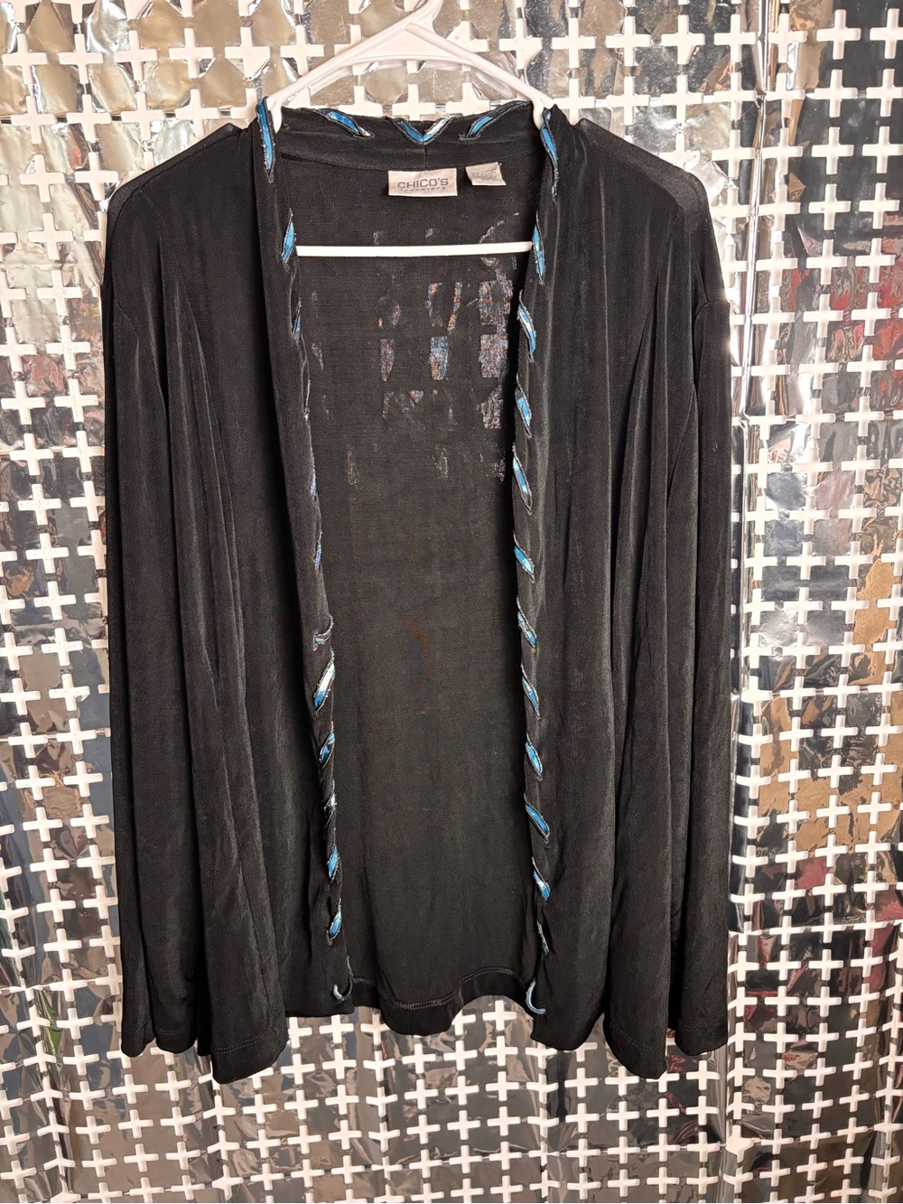 Chico's Black Open-Front Cardigan with Blue Trim